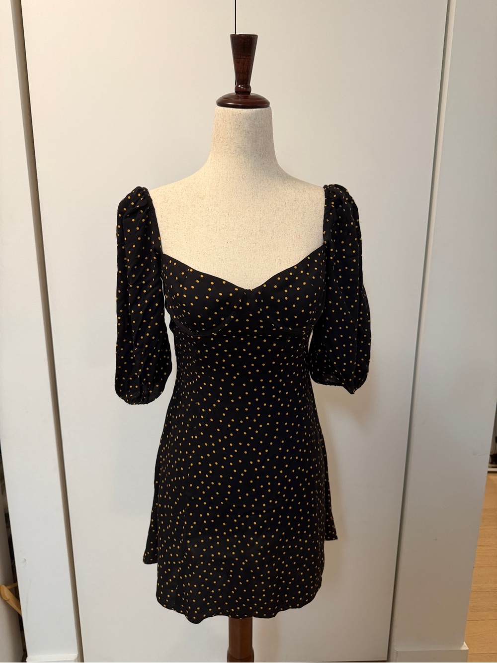 Reformation Black Puff Sleeve Polka Dot Mini Dress